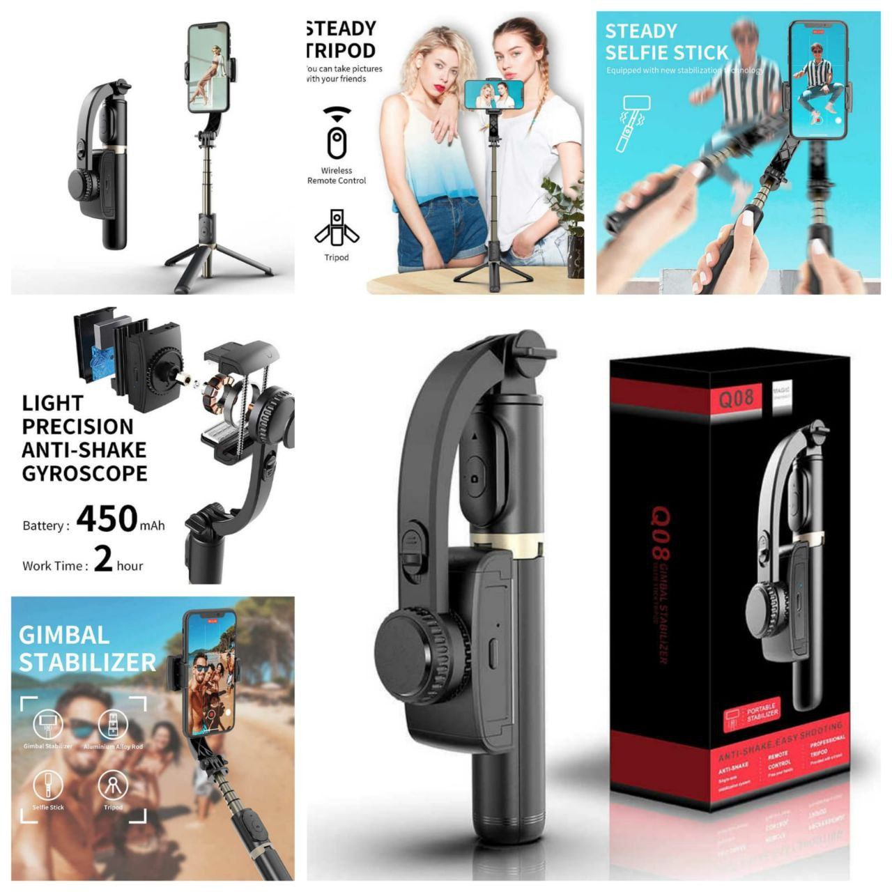 Anti Shaking Gimbal Stabilizer 360 Auto Balance + Fill Light Selfie Stick Tripod  (L19s-Black, Supports Up to 500 g)
